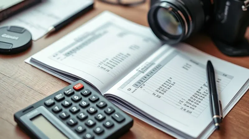 Photorealistic, professional photography, 8K, cinematic lighting, sharp focus, depth of field, shot on a high-end DSLR. A detailed financial ledger open on a desk, with a calculator and a pen, surrounded by subtle photographic equipment like a camera body and a lens cap. The ledger shows various expenses meticulously listed, with the focus on the numbers and the act of calculating, conveying financial planning and cost awareness.