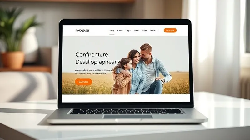 Photorealistic, professional photography, 8K, cinematic lighting, sharp focus, depth of field, shot on a high-end DSLR. A clean, minimalist photography website interface displayed on a modern laptop screen, with a stunning hero image of a family portrait. The website shows clear navigation, a 'Packages' section prominently visible, and a call-to-action button. The focus is on user experience and elegant design, with soft, inviting light.