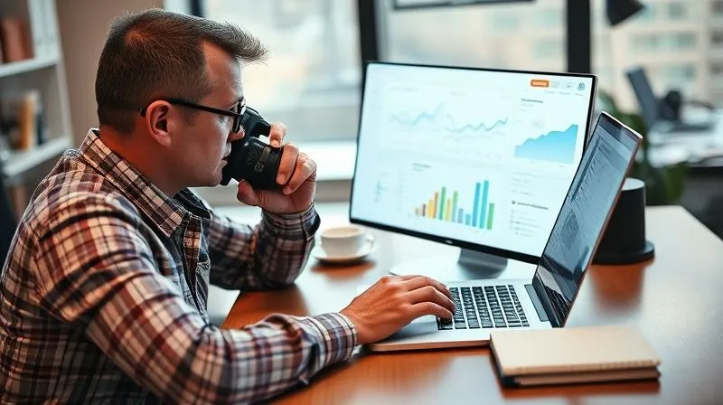 Photorealistic, professional photography, 8K, cinematic lighting, sharp focus, depth of field, shot on a high-end DSLR. A photographer sitting at a desk, looking thoughtfully at a laptop screen displaying a dashboard with various financial metrics and graphs (conversion rates, profit margins). A cup of coffee and a notebook are nearby. The mood is analytical and strategic, conveying the process of monitoring and optimizing business performance.
