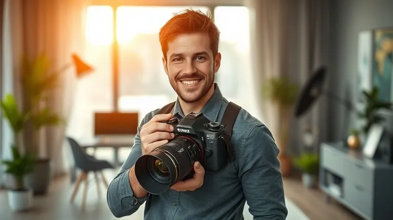 Photorealistic, professional photography, 8K, cinematic lighting, sharp focus, depth of field, shot on a high-end DSLR. A photographer, smiling confidently, holding a professional camera, standing in front of a modern, elegant home office setup with a blurred background showing a bright, organized workspace. The atmosphere is one of accomplishment, professionalism, and strategic success, conveying a sense of mastery over their craft and business. Golden light illuminates the scene, symbolizing prosperity.