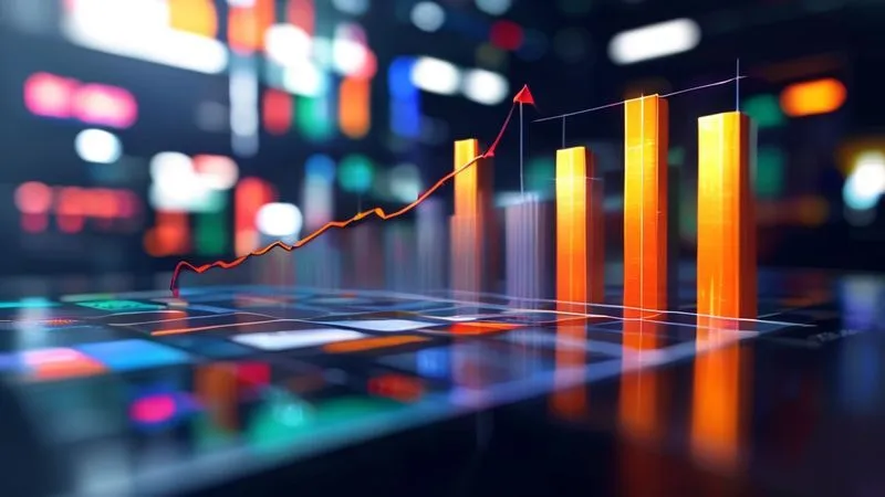 A photorealistic 3D bar chart showing sales growth across different product categories over the last year, with cinematic lighting, sharp focus on the rising bars, and a blurred e-commerce dashboard in the background. 8K hyper-detailed, professional photography, shot on a high-end DSLR.
