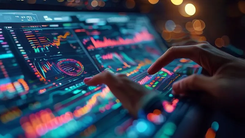 A photorealistic image of a futuristic control panel displaying real-time fashion trend data, with glowing lines and graphs, a human hand interacting with a holographic interface. Cinematic lighting, sharp focus on the data, depth of field blurring the background. 8K hyper-detailed, professional photography, shot on a high-end DSLR.