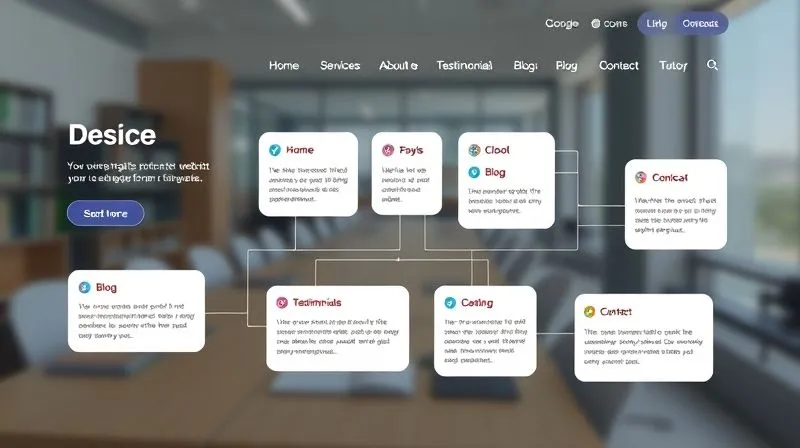 A photorealistic, professional photography of a clean, modern website wireframe or sitemap for an online tutor, with clear sections like 'Home', 'Services', 'About Me', 'Testimonials', 'Blog', and 'Contact'. The layout should be intuitive and visually appealing, with subtle lines connecting the sections, suggesting a well-thought-out user flow. 8K, cinematic lighting, sharp focus, depth of field, shot on a high-end DSLR.