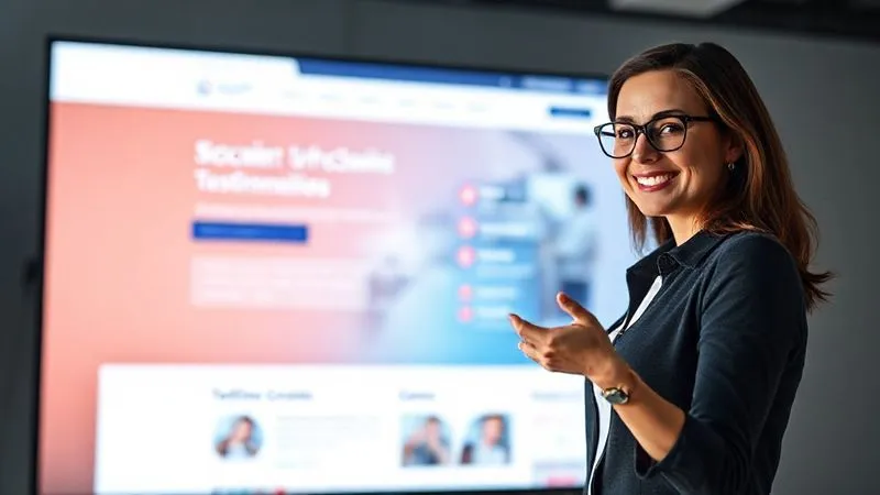 A photorealistic image of a confident, professional female professor in her 30s standing in front of a large, glowing digital screen displaying a clean, modern website interface with testimonials and course offerings. She is gesturing towards the screen with a friendly, inviting smile. The scene is well-lit, with cinematic lighting, sharp focus on the professor, and a subtle depth of field. Shot on a high-end DSLR, 8K hyper-detailed.