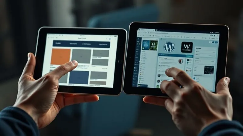 A photorealistic, professional photography, 8K, cinematic lighting, sharp focus, depth of field, shot on a high-end DSLR, showing a split screen or two hands holding different tablet devices. On one tablet, a simple, intuitive drag-and-drop website builder interface is displayed, with a glowing cursor. On the other, a more complex but powerful WordPress dashboard is visible. The contrast highlights simplicity versus power, with a subtle glow of digital light. The overall mood is thoughtful and empowering, suggesting choice and control.