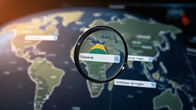 A photorealistic, professional photography, 8K, cinematic lighting, sharp focus, depth of field, shot on a high-end DSLR, showing a digital magnifying glass hovering over a world map, specifically highlighting Brazil. Various search engine result pages (SERPs) are subtly displayed on a holographic interface, with keywords like 'aulas particulares', 'professor de inglês', and 'reforço escolar' appearing in search bars. The overall mood is strategic and insightful, emphasizing the power of targeted search.