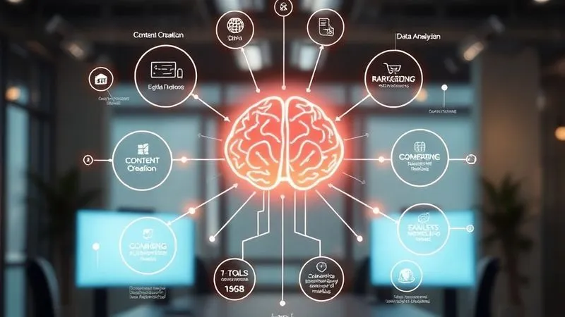 Photorealistic, professional photography, 8K, cinematic lighting, sharp focus, depth of field, shot on a high-end DSLR. A vibrant, futuristic mind map radiating from a central glowing AI brain icon, illustrating various interconnected digital income opportunities like 'Content Creation', 'Digital Marketing', 'Data Analysis', 'E-commerce Automation', each branching into specific AI tools and success metrics. The background is a subtly blurred, modern office environment.