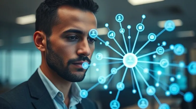 Photorealistic, professional photography, 8K, cinematic lighting, sharp focus on a diverse professional (male or female) intently looking at a holographic digital mind map, with glowing nodes representing niche ideas and market opportunities, in a modern, clean office environment. Depth of field blurring the background, shot on a high-end DSLR, conveying deep strategic thought and innovation.