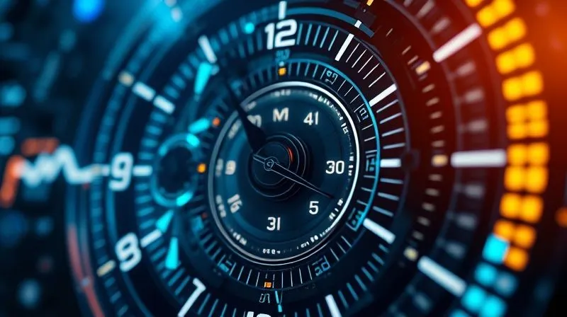Photorealistic, professional photography, 8K, cinematic lighting, sharp focus on a detailed digital timeline or a complex clock mechanism, with glowing AI circuit patterns integrated into the gears and hands, symbolizing efficient time management and accelerated progress. The background is softly blurred, representing the passage of time and the focus on the strategic plan. Shot on a high-end DSLR, conveying precision and rapid development.