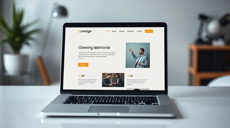 A photorealistic image of a professional digital portfolio website displayed on a sleek laptop, with glowing testimonials and clear case studies visible. The laptop is on a minimalist desk with a focused professional in the background, cinematic lighting, sharp focus on the screen, depth of field, 8K hyper-detailed, shot on a high-end DSLR.