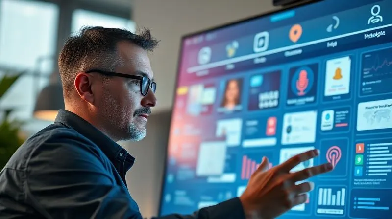 A photorealistic image of a professional digital marketer analyzing a content strategy on a large screen, with various content formats like blog posts, videos, and podcasts represented as glowing icons around the screen. Cinematic lighting, sharp focus on the screen and marketer's thoughtful expression, depth of field, 8K hyper-detailed, shot on a high-end DSLR.