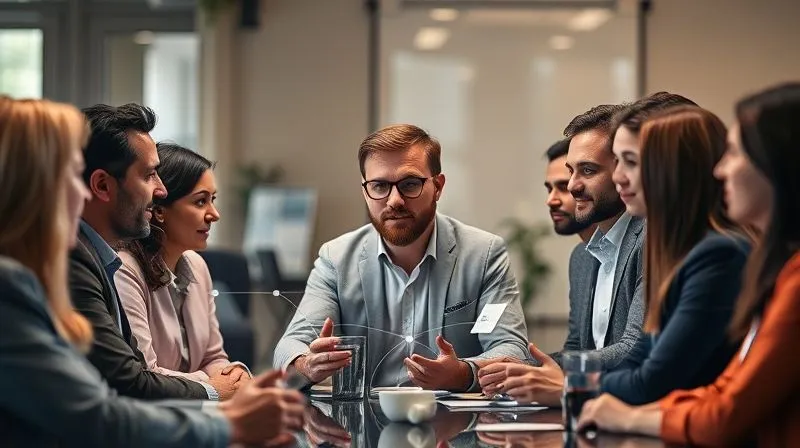 A photorealistic image of a diverse group of professionals actively engaging in an online community forum, with chat bubbles and connection lines symbolizing interaction. A central figure, representing the expert, is seen facilitating the discussion. Cinematic lighting, sharp focus on the engaging faces, depth of field, 8K hyper-detailed, shot on a high-end DSLR.