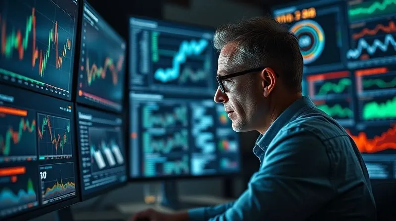 A photorealistic image of a data analyst intently examining complex dashboards and graphs on multiple computer screens, surrounded by glowing data visualizations. The atmosphere is professional and analytical, cinematic lighting, sharp focus on the screens and the analyst's face, depth of field, 8K hyper-detailed, shot on a high-end DSLR.