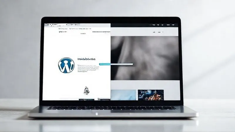 A photorealistic image of a modern, sleek laptop displaying a fast-loading WordPress website on one half of the screen, and a slow, buffering website on the other half. The fast side shows clear, sharp content, while the slow side is pixelated and loading slowly. Cinematic lighting, sharp focus, depth of field. 8K hyper-detailed, professional photography.