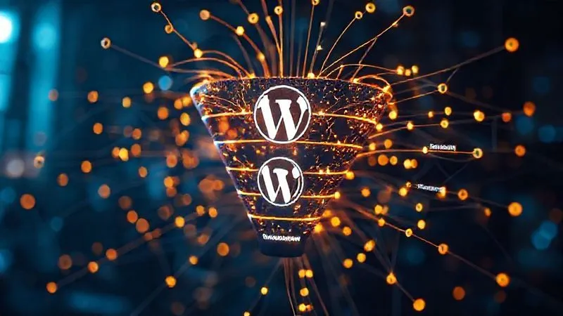 A photorealistic image of a complex but well-organized digital sales funnel represented by glowing lines and nodes, with a WordPress logo subtly integrated into the structure. The funnel shows stages like 'Awareness', 'Consideration', and 'Conversion'. Cinematic lighting, sharp focus, depth of field. 8K hyper-detailed, professional photography.