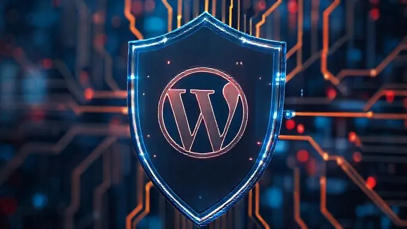 A photorealistic image of a digital shield protecting a stylized WordPress logo, with glowing lines representing data flow securely. In the background, there are blurred cyber threats attempting to breach. Cinematic lighting, sharp focus on the shield, depth of field. 8K hyper-detailed, professional photography.