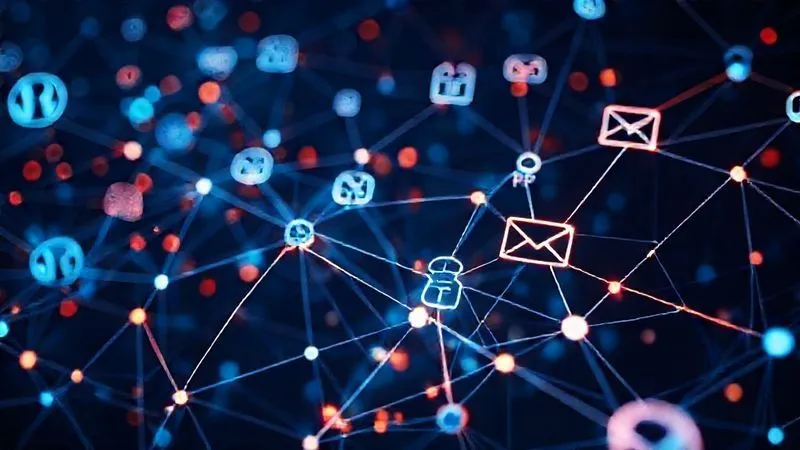 A photorealistic image of a complex network of glowing data lines connecting various digital icons representing WordPress, CRM, ERP, Email Marketing, and Analytics. The connections are fluid and seamless, symbolizing efficient integration. Cinematic lighting, sharp focus, depth of field. 8K hyper-detailed, professional photography.