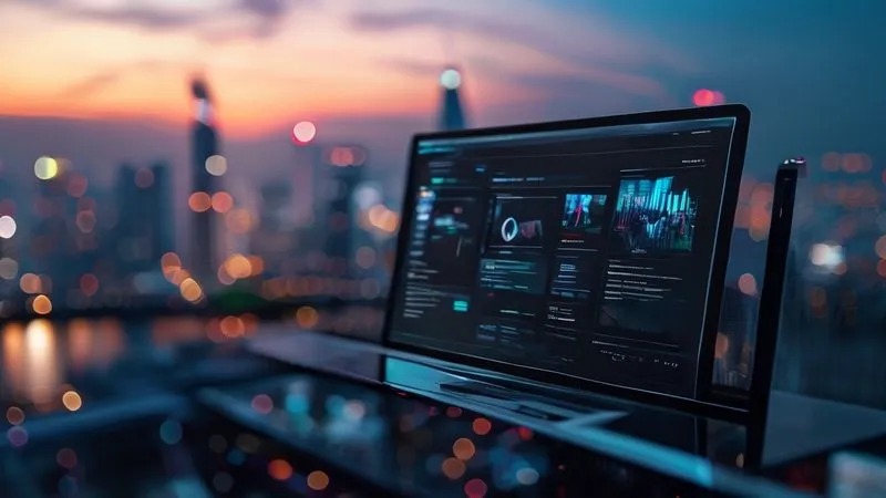 A photorealistic image of a sleek, modern website interface displaying a professional's portfolio and blog, with a subtle glow around a search bar indicating SEO optimization. The background shows a blurred cityscape at dusk, symbolizing digital reach. Cinematic lighting, sharp focus on the website content, depth of field, 8K hyper-detailed, shot on a high-end DSLR.