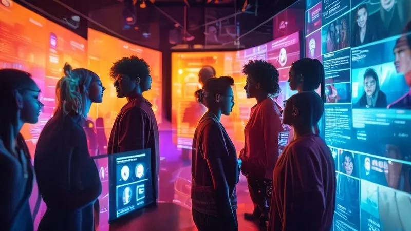 A photorealistic image of a diverse group of people interacting positively on various social media interfaces displayed on holographic screens, with professional profiles highlighted. The scene is vibrant and engaging, symbolizing community building and targeted advertising. Cinematic lighting, sharp focus on the digital interactions, depth of field, 8K hyper-detailed, shot on a high-end DSLR.