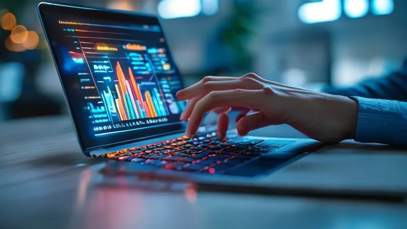 A photorealistic image of a professional's hand hovering over a glowing laptop keyboard, displaying an email marketing automation dashboard with interconnected lines representing email sequences and segmented lists. The background is a clean, modern office with a subtle focus on growth charts. Cinematic lighting, sharp focus on the dashboard, depth of field, 8K hyper-detailed, shot on a high-end DSLR.