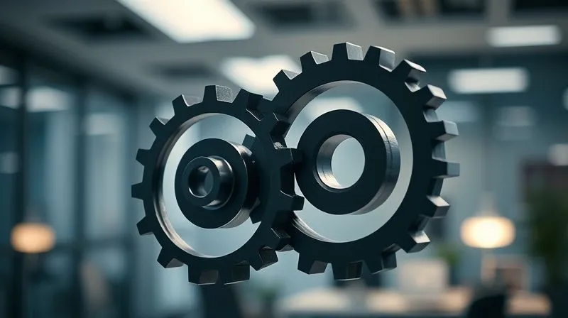 A photorealistic, professional photography, 8K, cinematic lighting image of two gears interlocking smoothly, one gear representing 'Automation' and the other 'Personalization', both perfectly aligned and turning in harmony. The background is a soft, blurred modern office environment, symbolizing efficiency and human connection. Sharp focus on the gears, depth of field blurring the background, shot on a high-end DSLR.