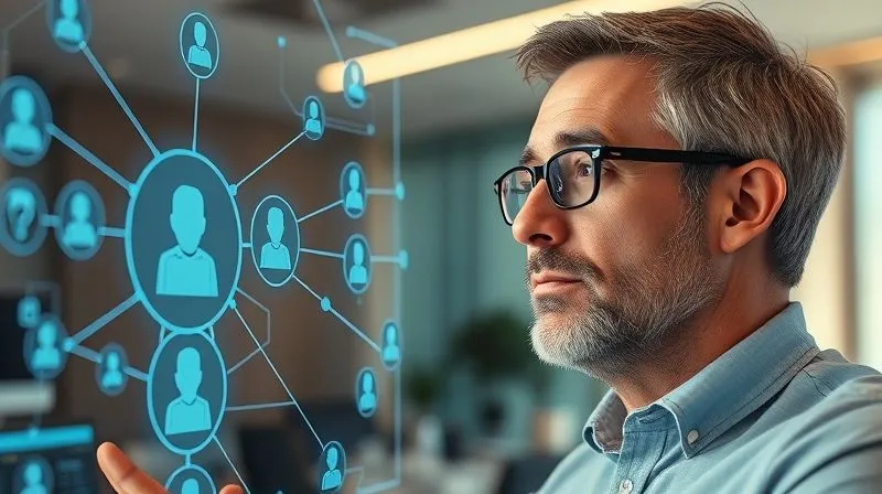A photorealistic image of a professional liberal, a man in his 40s, looking thoughtfully at a holographic interface displaying interconnected data points and customer profiles, with lines flowing towards personalized communication channels. The scene is set in a modern, minimalist office with soft, ambient lighting. Sharp focus on the holographic data, depth of field blurring the background, conveying precision and foresight. 8K hyper-detailed, professional photography, shot on a high-end DSLR.