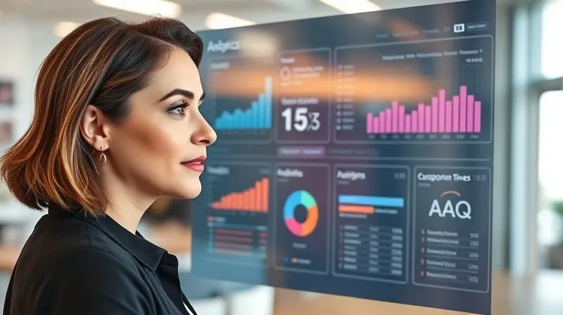 A photorealistic image of a professional liberal, a woman, looking at a dashboard on a large transparent screen, displaying various analytics charts and metrics (like customer satisfaction scores, response times, and FAQ usage). Her expression is focused and analytical, suggesting continuous improvement. The background is a modern, clean workspace with soft, intelligent lighting. Sharp focus on the screen and her face, depth of field blurring the background. 8K hyper-detailed, professional photography, shot on a high-end DSLR.