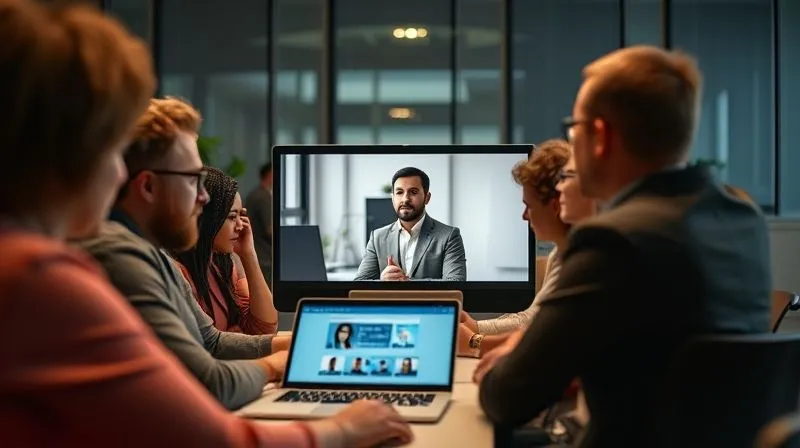 A photorealistic image of a diverse group of people engaged in a professional online webinar on a laptop screen, with the presenter clearly visible and engaging, cinematic lighting, sharp focus on the screen, depth of field, 8K hyper-detailed, professional photography.