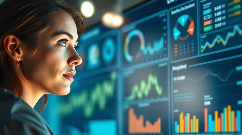 A photorealistic image of a professional woman (liberal professional) looking determinedly at a complex digital dashboard with various metrics and charts, a single spotlight highlighting her focused expression, cinematic lighting, sharp focus on the professional, depth of field, 8K hyper-detailed, professional photography.