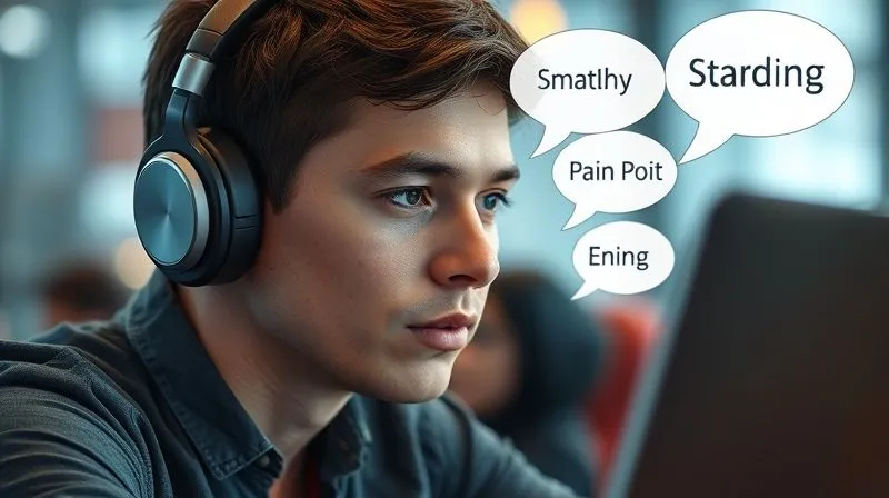 Photorealistic image of a person with headphones, intently listening to a customer, with speech bubbles containing keywords and pain points floating around them, representing active listening and empathy. Cinematic lighting, sharp focus, 8K, high-end DSLR.