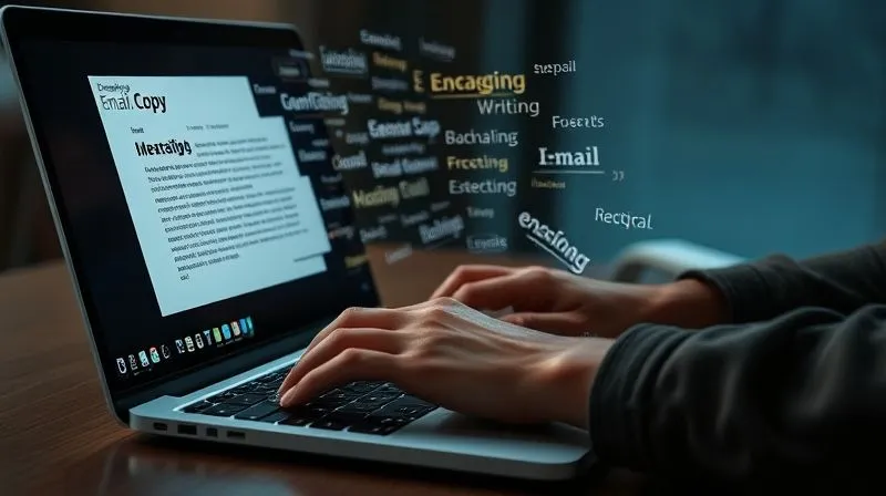 Photorealistic image of a person writing engaging email copy on a laptop, with words and ideas flowing creatively from the screen, representing persuasive writing. Cinematic lighting, sharp focus on the hands and keyboard, 8K, high-end DSLR.