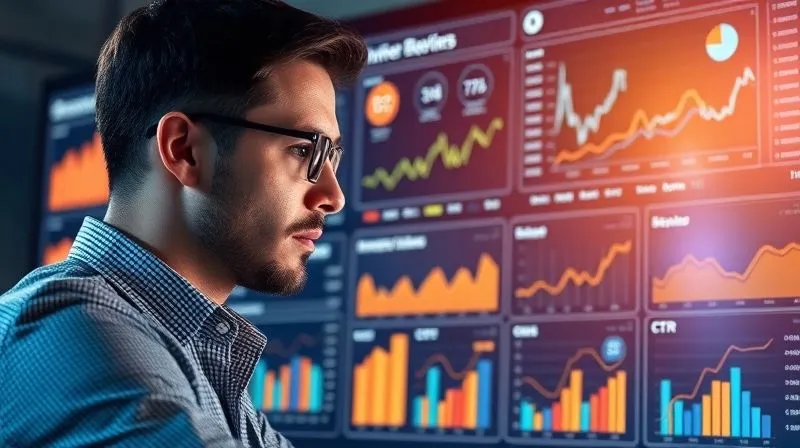 Photorealistic image of a professional analyzing a dashboard with various email marketing metrics (open rate, CTR, conversion rate) displayed on a large screen, with charts and graphs indicating trends. Cinematic lighting, sharp focus on the data and the thoughtful expression of the person, 8K, high-end DSLR.