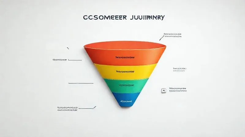 A photorealistic diagram of a customer journey funnel, with distinct stages like 'Awareness', 'Consideration', and 'Decision', illustrated with small icons representing digital interactions (search, social media, email). Cinematic lighting, sharp focus, 8K hyper-detailed, professional photography.
