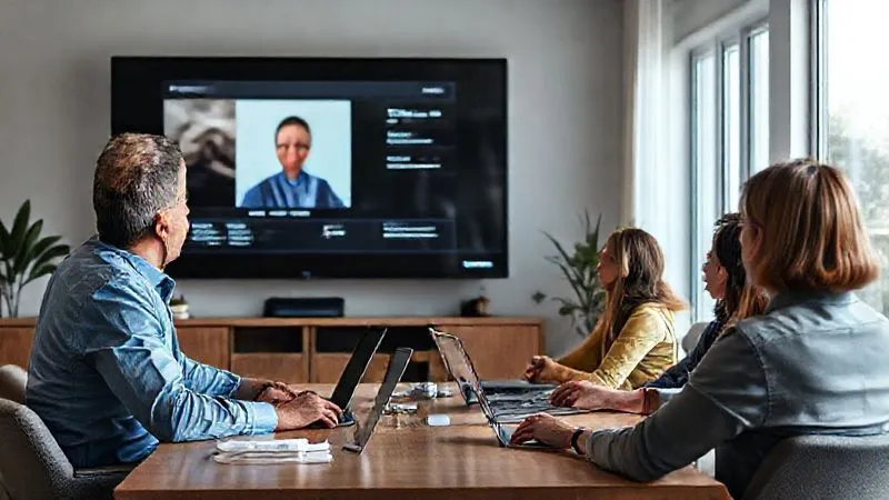 A photorealistic image of a professional IT consultant presenting a webinar on a large screen, with diverse participants (small business owners, managers) engaged on their laptops in a clean, modern home office setting. Cinematic lighting, sharp focus, 8K hyper-detailed, professional photography.