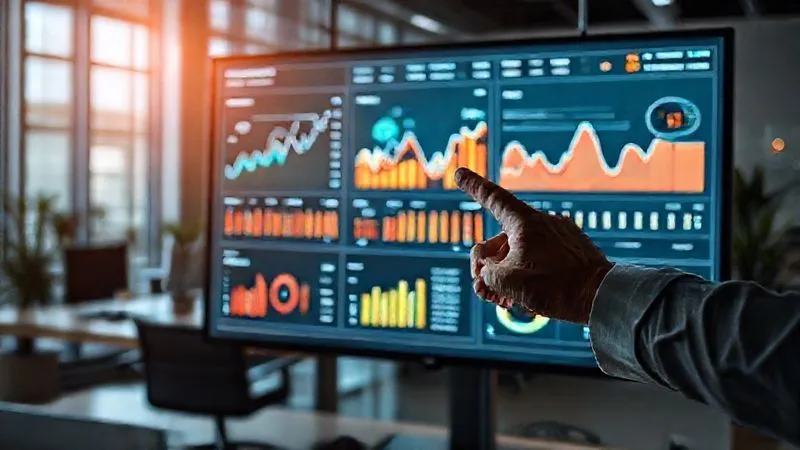 A photorealistic image of a professional data analytics dashboard on a large monitor, displaying various charts and graphs (traffic, conversion rates, ROI) with a hand pointing to a key metric, in a modern office. Cinematic lighting, sharp focus, 8K hyper-detailed, professional photography.