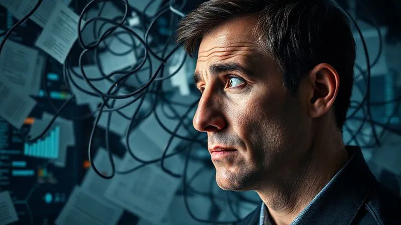 A photorealistic image of a person staring at a complex, tangled web of legal documents and digital screens, representing the intricate and confusing nature of tax legislation. The person's expression is one of slight bewilderment but determination. Cinematic lighting, sharp focus, depth of field blurring the background, 8K hyper-detailed, shot on a high-end DSLR.