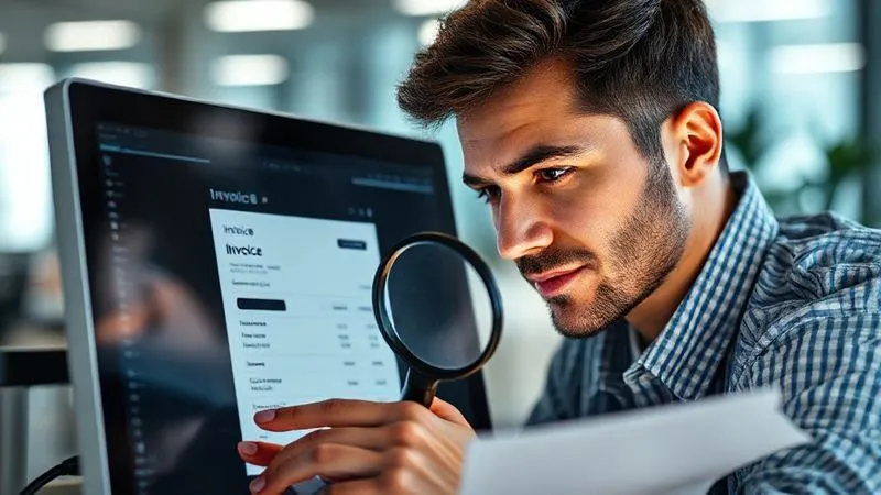 A photorealistic image of a person meticulously checking a digital invoice on a computer screen, with a magnifying glass over certain details. The person's face shows concentration and precision. The background is a modern, organized office. Cinematic lighting, sharp focus on the screen and magnifying glass, depth of field blurring the background, 8K hyper-detailed, shot on a high-end DSLR.
