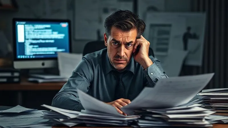 A photorealistic image of a frustrated professional sitting at a desk overflowing with tax documents and a computer screen showing warning messages, with a look of despair. The lighting is dim, emphasizing the gravity of the situation. Cinematic lighting, sharp focus on the professional and documents, depth of field blurring the background, 8K hyper-detailed, shot on a high-end DSLR.