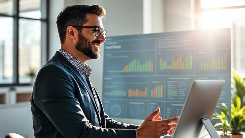 A photorealistic image of a professional, perhaps a freelance architect or consultant, smiling confidently while looking at a well-organized digital dashboard displaying financial health and compliance metrics. Sunlight streams into a modern, minimalist office. The overall impression is one of peace of mind, success, and control. Cinematic lighting, sharp focus on the professional, depth of field blurring the background, 8K hyper-detailed, shot on a high-end DSLR.