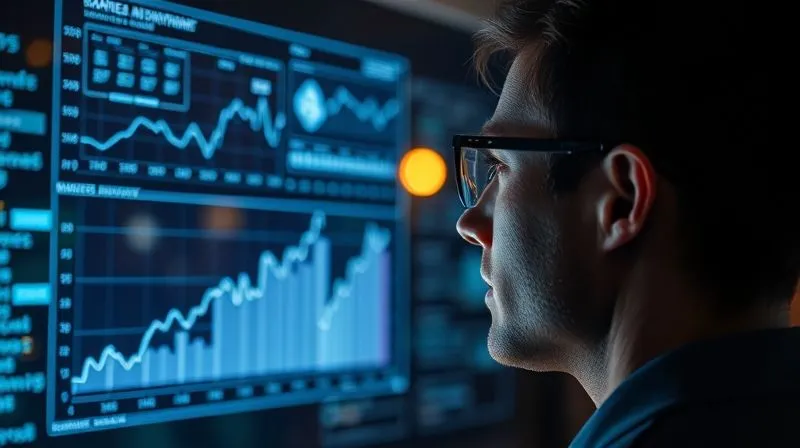 A photorealistic, professional photography shot of a person looking at a holographic projection showing market trend graphs, data visualizations, and keyword analysis, with subtle AI interfaces overlayed. Cinematic lighting, sharp focus on the holographic data, depth of field blurring the background, 8K hyper-detailed.