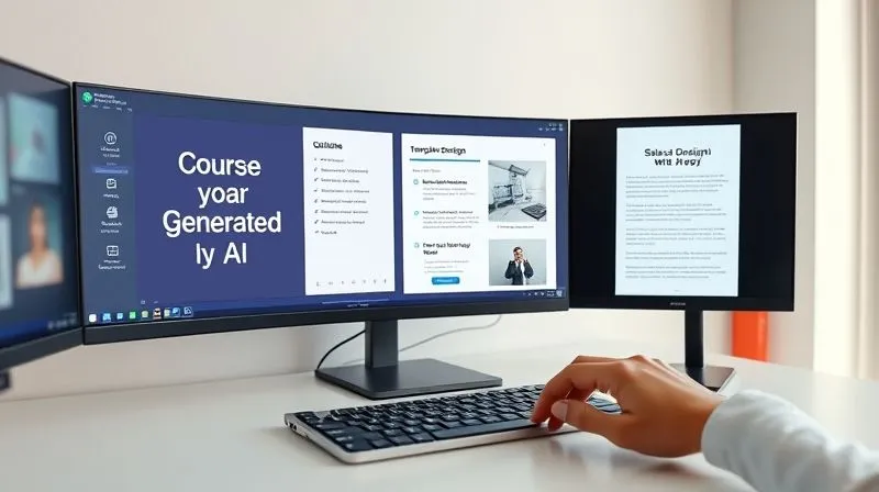 A photorealistic image of a sleek, modern workstation with multiple screens, one displaying a course outline being generated by AI, another showing a template design in progress, and a third with a sales page copy. The scene is clean, minimalist, with soft, ambient lighting, sharp focus on the screens and a human hand hovering over a keyboard, 8K hyper-detailed.