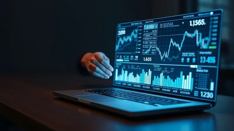 A photorealistic, professional photography shot of a sleek, minimalist desk with a glowing holographic display showing intricate financial charts, stock tickers, and cryptocurrency graphs. A subtle, futuristic AI interface is visible, with a human hand (clean, professional) pointing to a key data point. Cinematic lighting, sharp focus on the holographic data, depth of field blurring the background, 8K hyper-detailed.