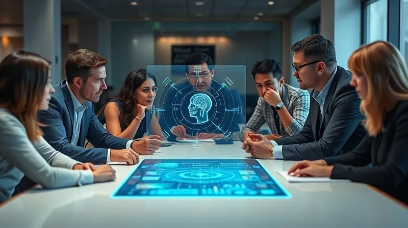 A photorealistic image showing a diverse group of professionals collaborating around a table, with a subtle holographic AI interface projected in the center. One person is actively interacting with the AI, while others are discussing and providing human insights. The scene emphasizes synergy between human creativity and AI efficiency. Cinematic lighting, sharp focus on the interaction, depth of field blurring the background, 8K hyper-detailed.
