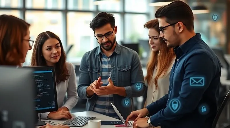 A photorealistic image of a diverse team of software developers collaborating in a modern office, looking at code on screens. One developer points to a section of code, discussing security best practices. There's a subtle overlay of digital security icons (shields, locks) around them, symbolizing a culture of security awareness. Cinematic lighting, sharp focus on the team's interaction, depth of field blurring the background, 8K hyper-detailed, professional photography, shot on a high-end DSLR.