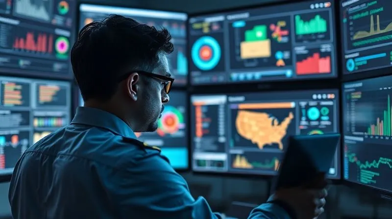 A photorealistic image of a data protection officer (DPO) meticulously reviewing security dashboards and flowcharts on multiple screens, surrounded by a subtle digital interface representing data streams and risk assessment. Cinematic lighting, sharp focus on the DPO and screens, 8K, high-end DSLR.