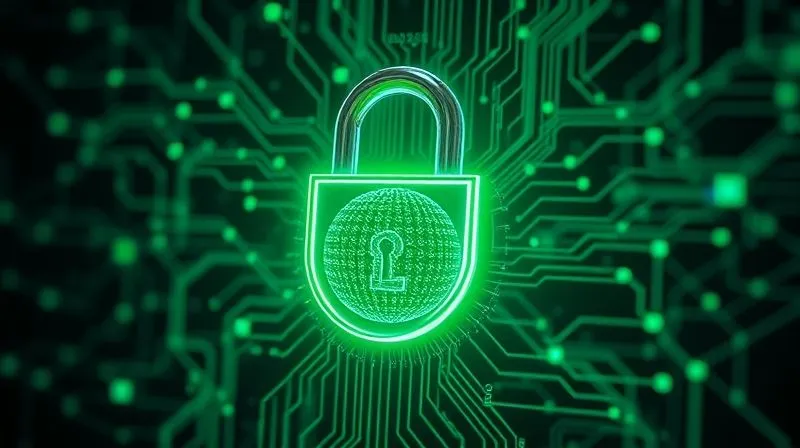 A photorealistic, professional photography, 8K, cinematic lighting, sharp focus, depth of field, shot on a high-end DSLR, depicting a glowing, intricate digital lock encasing a central data sphere. Green light emanates from the lock, symbolizing robust encryption, while abstract digital data streams flow securely around it. The background is a blurred, complex network, emphasizing the protected core. The image conveys a sense of impenetrable security.