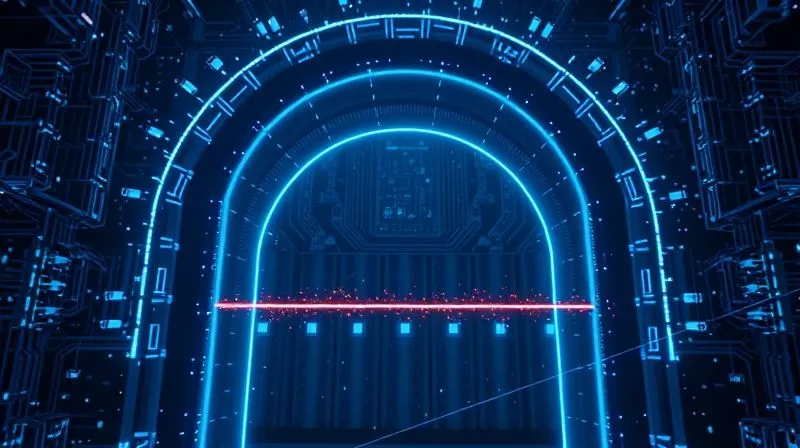 A photorealistic, professional photography, 8K, cinematic lighting, sharp focus, depth of field, shot on a high-end DSLR, showing a futuristic digital gateway arch, glowing with protective blue light, filtering a multitude of data streams. Some streams are blocked by a shimmering barrier, while others pass through securely. The background is a complex, high-speed data network, with the gateway standing as a clear point of control and defense, conveying order and protection.
