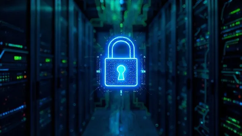A photorealistic image of a glowing digital padlock icon superimposed over a complex network of data streams within a server room. Blue and green light emanate from the padlock, symbolizing robust security. Cinematic lighting, sharp focus, depth of field, 8K hyper-detailed, shot on a high-end DSLR.