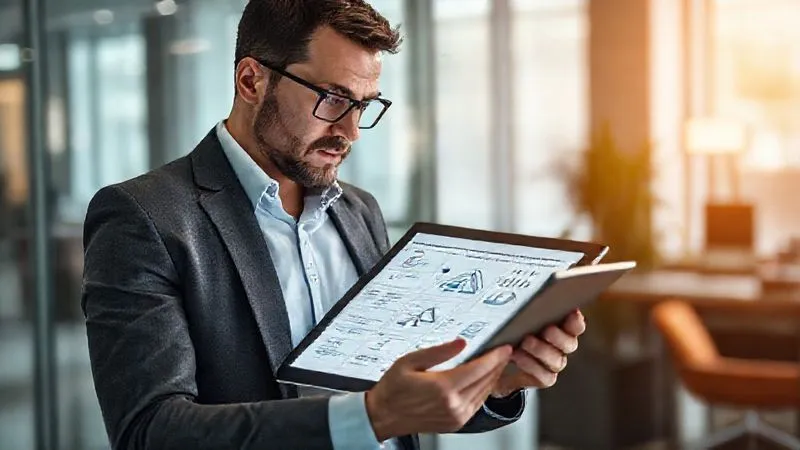 A photorealistic image of a professional DPO (Data Protection Officer) in a modern office setting, looking thoughtfully at a tablet displaying legal documents and data flow charts. The lighting is soft and professional, emphasizing focus and responsibility. Sharp focus, depth of field, 8K hyper-detailed, shot on a high-end DSLR.
