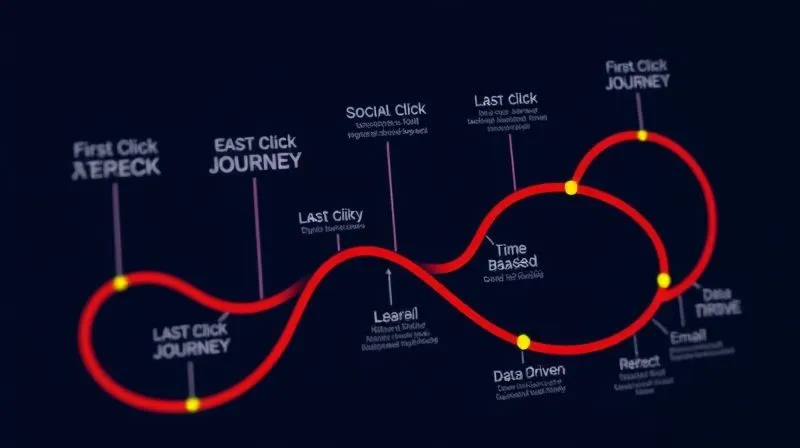 A photorealistic infographic illustrating different marketing attribution models (first click, last click, linear, time decay, position-based, data-driven) as a winding customer journey path with various touchpoints (social media, search, email, direct). Each model is represented by how it highlights or credits specific parts of the path. Vibrant colors, clean design, 8K hyper-detailed, cinematic lighting, sharp focus, depth of field, shot on a high-end DSLR.